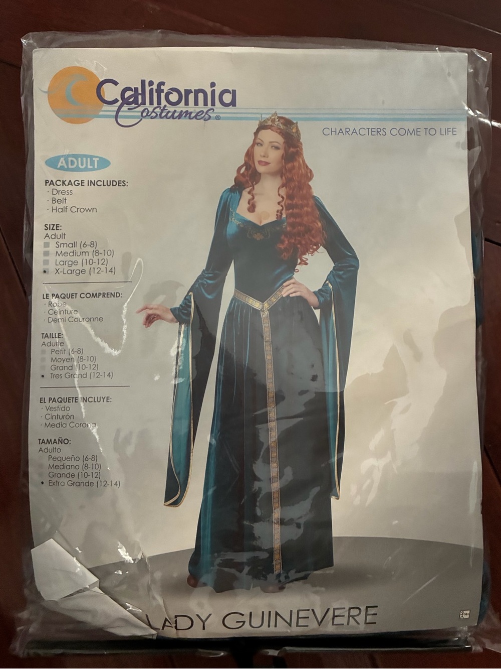 California Costumes “Lady Guinevere” Dress in Teal and Gold. Adult size XL 12-14
